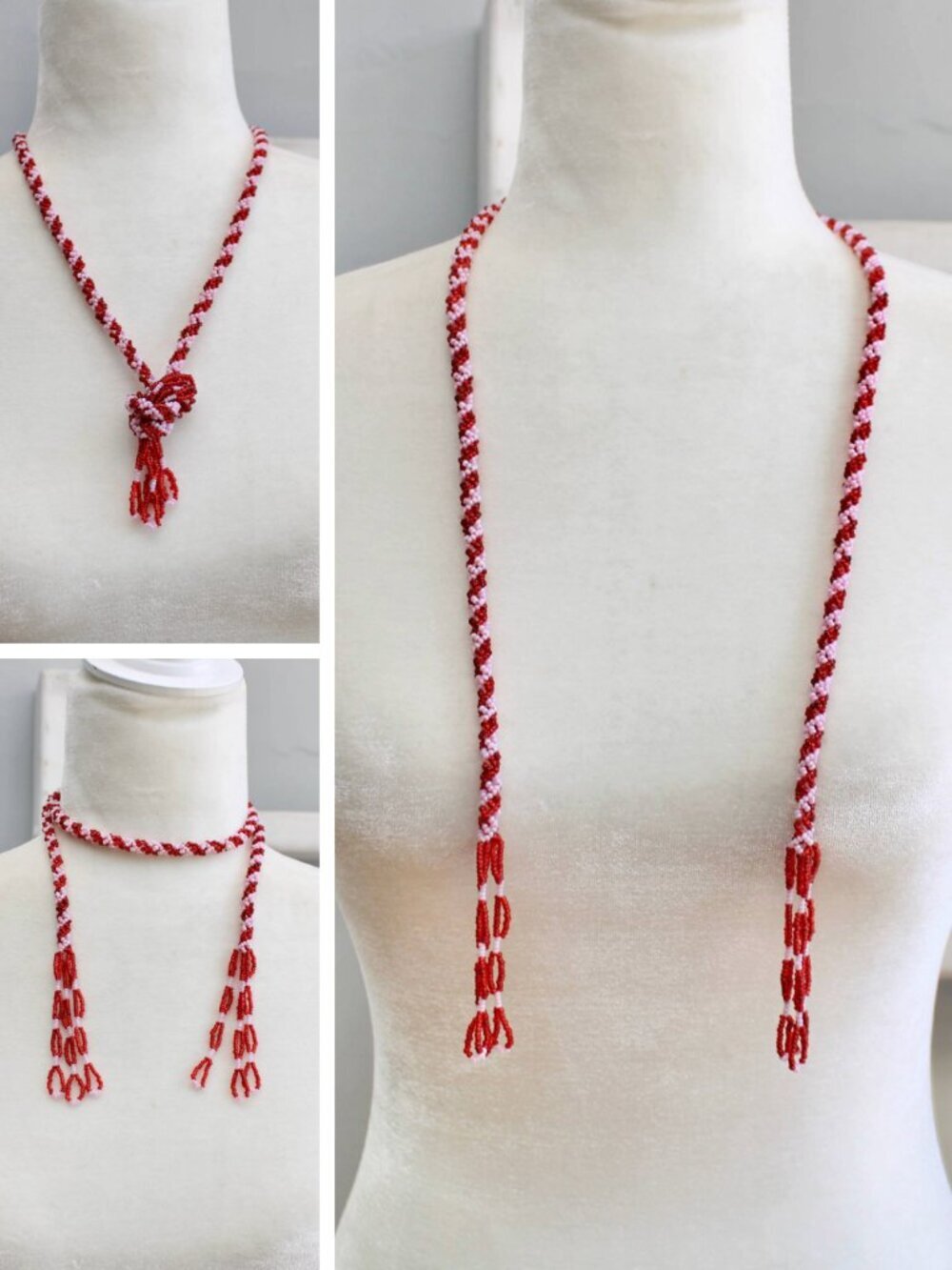 Vintage Women's Red & Pink Beaded Tassel Multifunctional Flapper Necklace